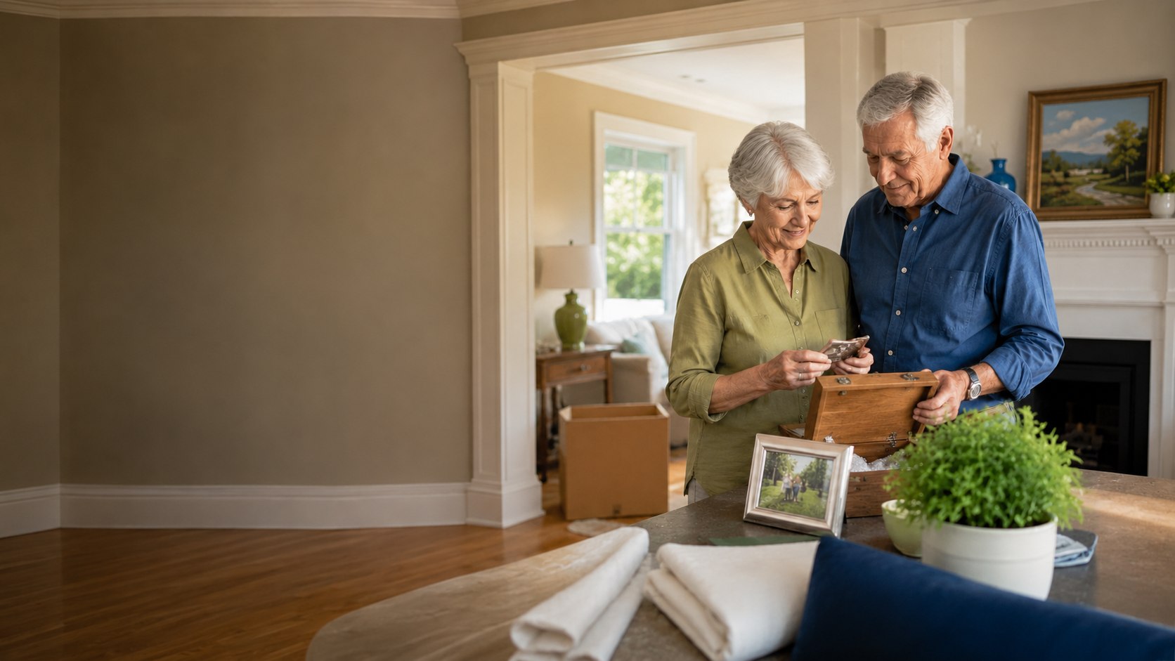 Older couple preparing for their next chapter while looking through treasured family belongings