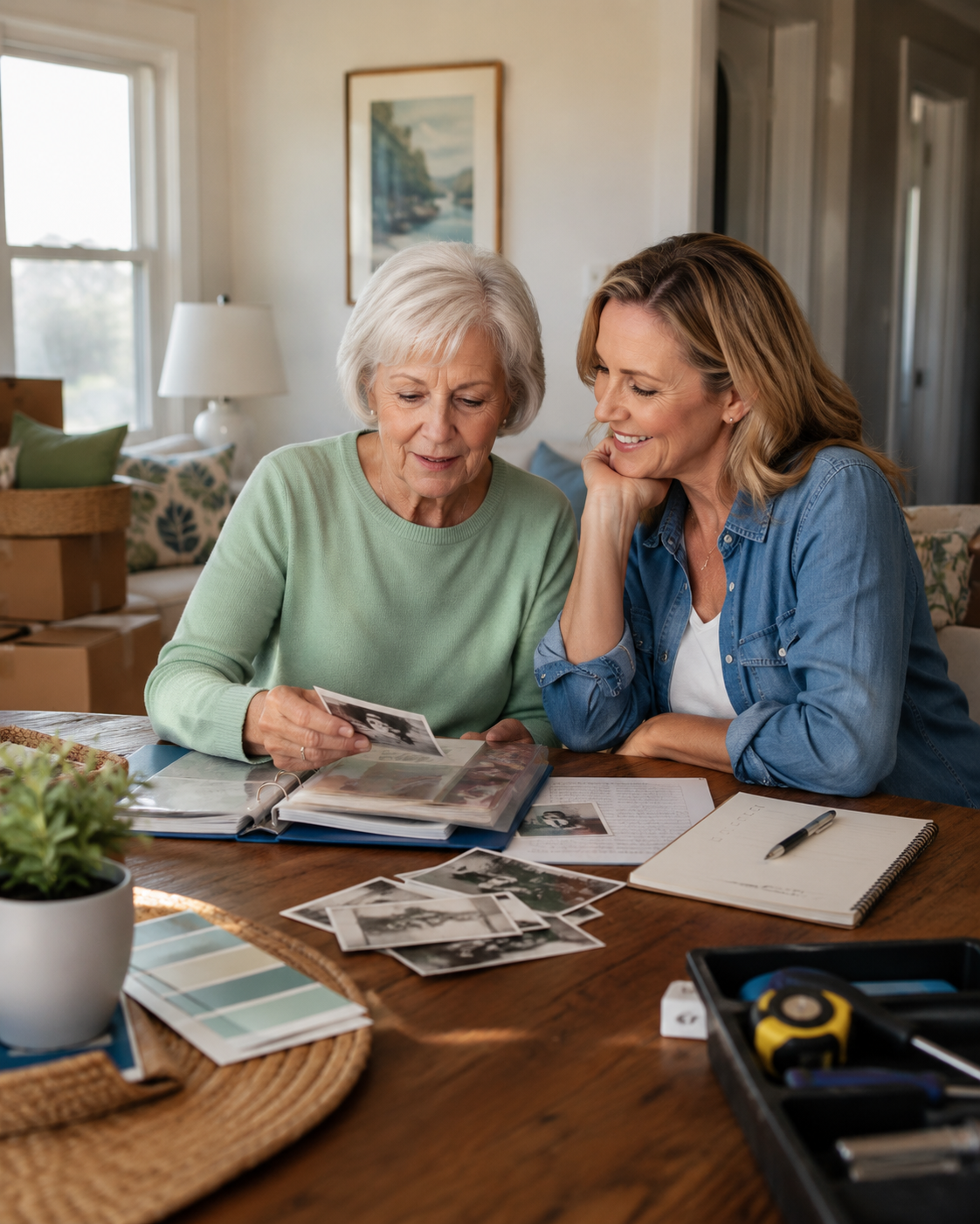 An older homeowner and a family member reviewing photographs and planning a move together